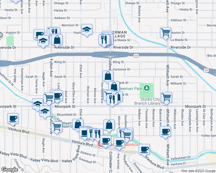 map of restaurants, bars, coffee shops, grocery stores, and more near 4519 Coldwater Canyon Avenue in Los Angeles