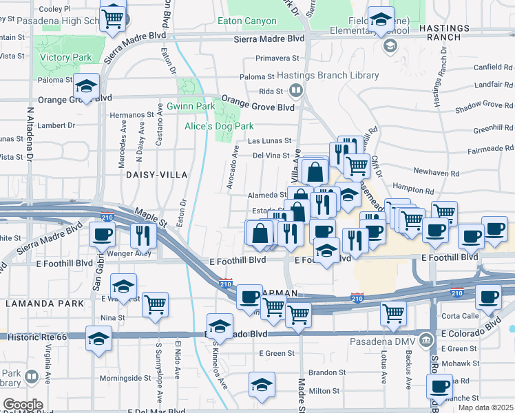 map of restaurants, bars, coffee shops, grocery stores, and more near 3189 Estado Street in Pasadena