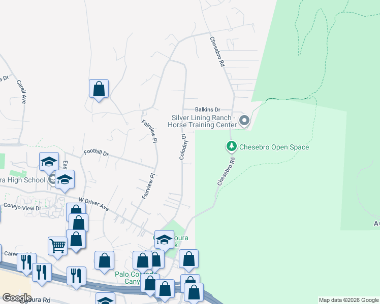 map of restaurants, bars, coffee shops, grocery stores, and more near 5732 Colodny Drive in Agoura Hills