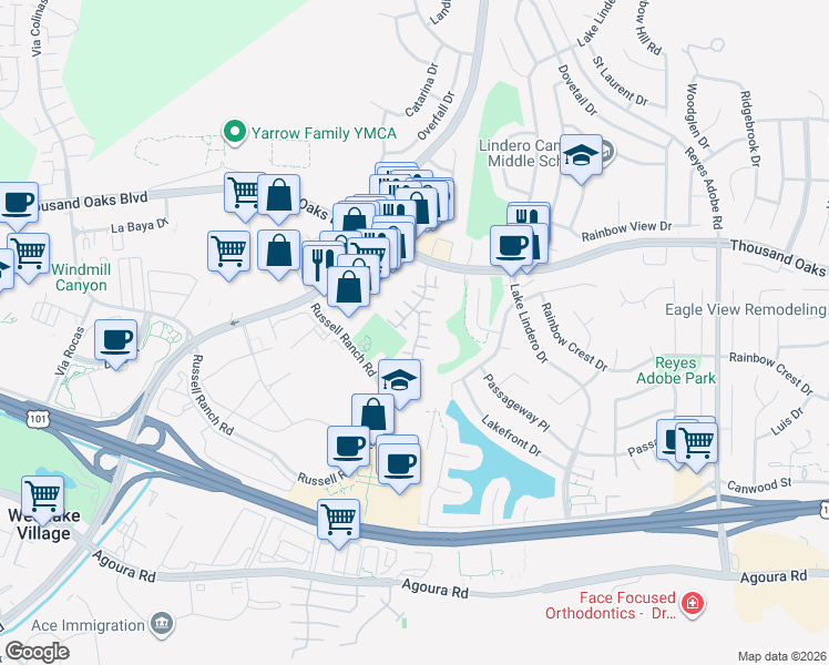 map of restaurants, bars, coffee shops, grocery stores, and more near 5553 Salerno Drive in Westlake Village
