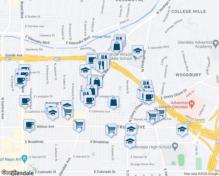 map of restaurants, bars, coffee shops, grocery stores, and more near 525 North Adams Street in Glendale
