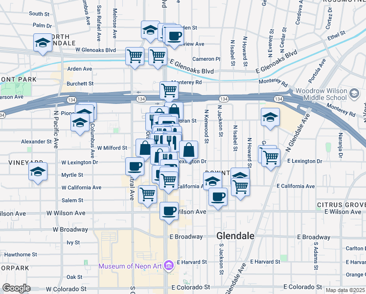 map of restaurants, bars, coffee shops, grocery stores, and more near 500 East Milford Street in Glendale