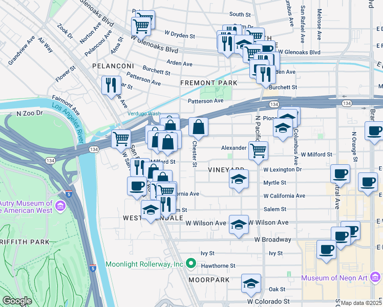 map of restaurants, bars, coffee shops, grocery stores, and more near 533 Chester Street in Glendale