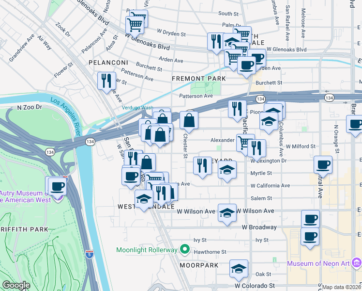 map of restaurants, bars, coffee shops, grocery stores, and more near 533 Chester Street in Glendale