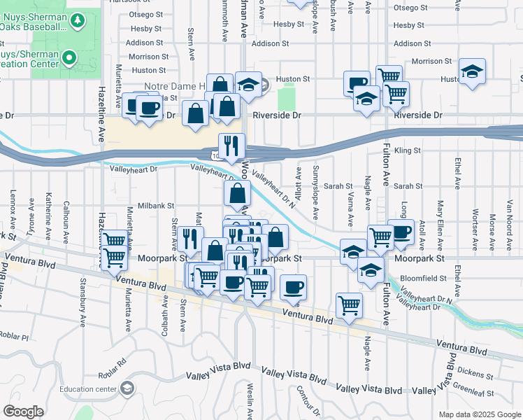 map of restaurants, bars, coffee shops, grocery stores, and more near 13600 Valleyheart Drive North in Los Angeles