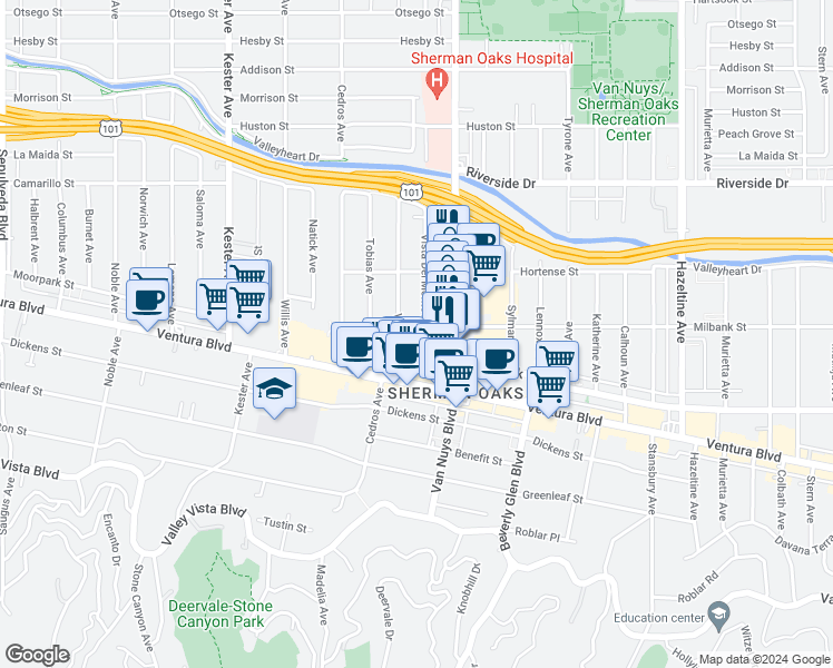 map of restaurants, bars, coffee shops, grocery stores, and more near 4508 Vesper Avenue in Los Angeles