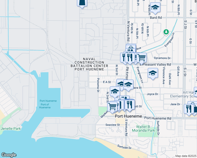 map of restaurants, bars, coffee shops, grocery stores, and more near 115 West B Street in Port Hueneme