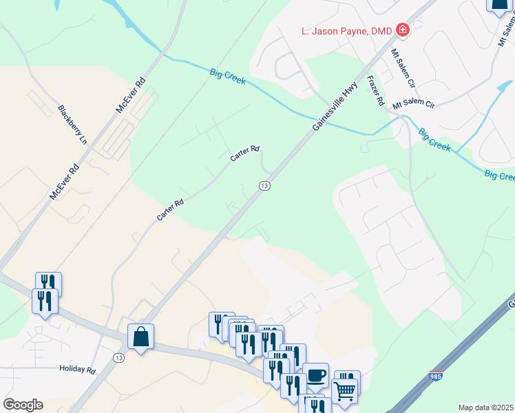 map of restaurants, bars, coffee shops, grocery stores, and more near 981 Atlanta Highway in Buford