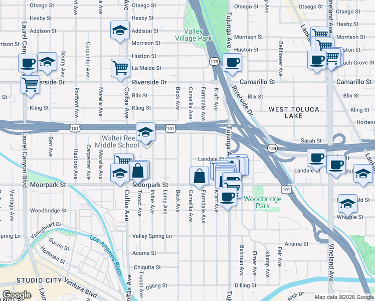 map of restaurants, bars, coffee shops, grocery stores, and more near 4550 Beck Avenue in Los Angeles