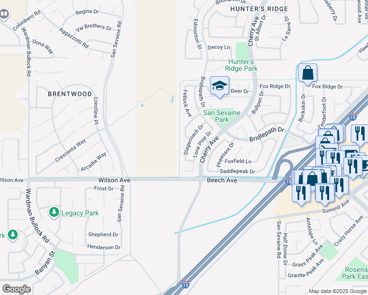 map of restaurants, bars, coffee shops, grocery stores, and more near 14508 Halter Court in Fontana