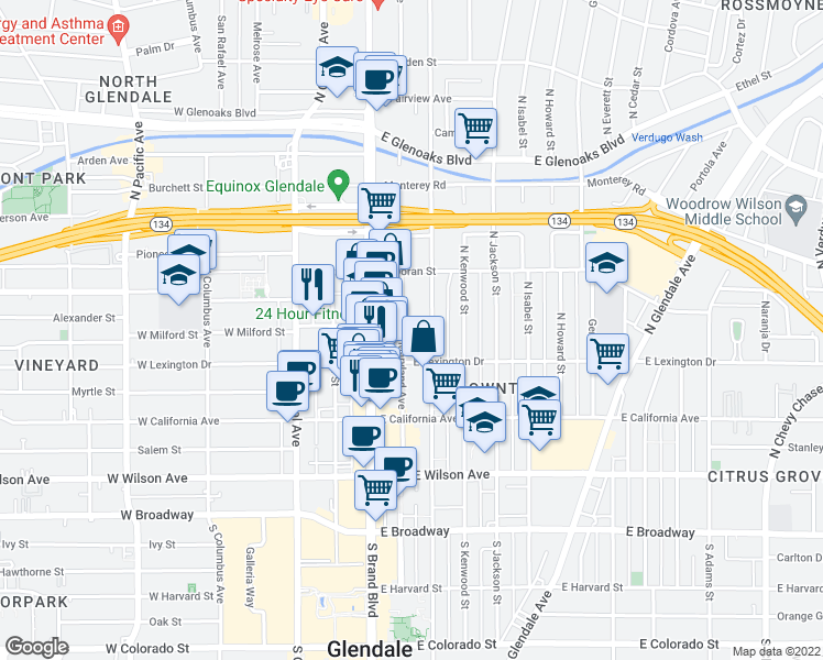 map of restaurants, bars, coffee shops, grocery stores, and more near 426 North Maryland Avenue in Glendale