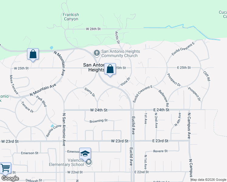map of restaurants, bars, coffee shops, grocery stores, and more near 2450 North Euclid Avenue in Upland