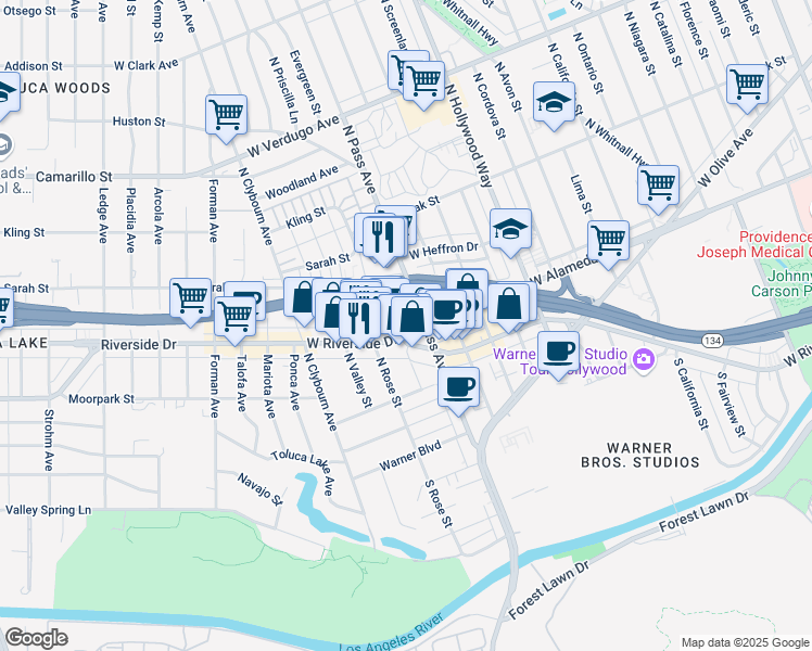 map of restaurants, bars, coffee shops, grocery stores, and more near 215 North Pass Avenue in Burbank