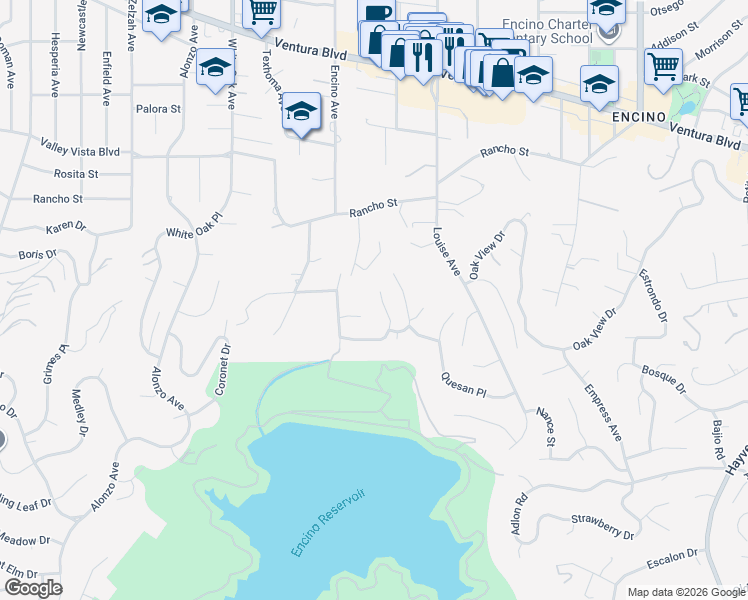 map of restaurants, bars, coffee shops, grocery stores, and more near 4620 Encino Avenue in Los Angeles
