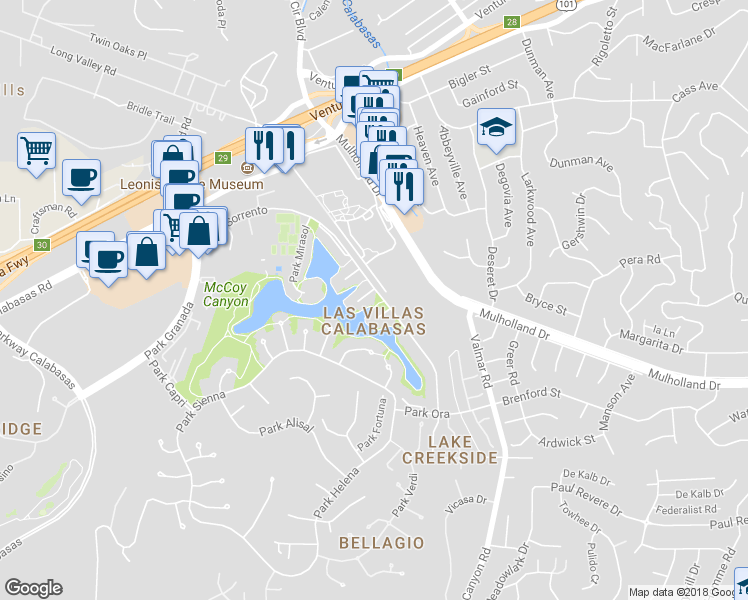 map of restaurants, bars, coffee shops, grocery stores, and more near 4724 Park Jacaranda in Calabasas