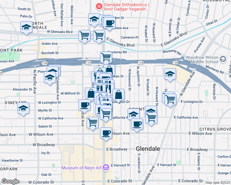 map of restaurants, bars, coffee shops, grocery stores, and more near 426 North Maryland Avenue in Glendale