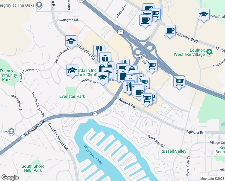 map of restaurants, bars, coffee shops, grocery stores, and more near 950 Hampshire Road in Westlake Village