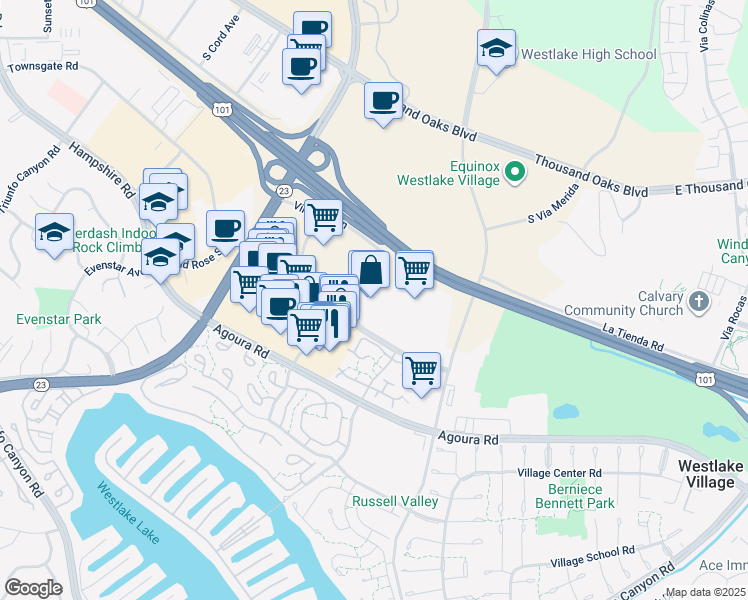 map of restaurants, bars, coffee shops, grocery stores, and more near 2945 Townsgate Road in Westlake Village