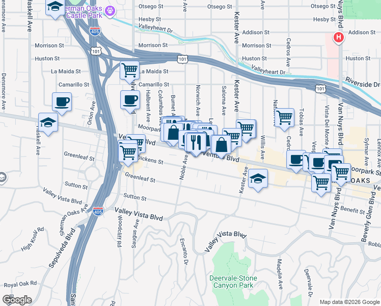 map of restaurants, bars, coffee shops, grocery stores, and more near 15060 Ventura Boulevard in Los Angeles