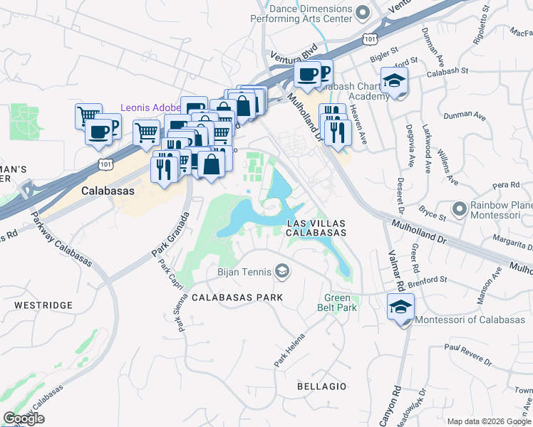 map of restaurants, bars, coffee shops, grocery stores, and more near 4625 Park Mirasol in Calabasas