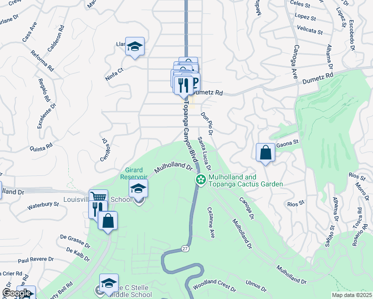 map of restaurants, bars, coffee shops, grocery stores, and more near 4743 Topanga Canyon Boulevard in Los Angeles