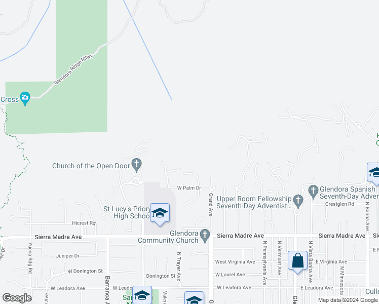 map of restaurants, bars, coffee shops, grocery stores, and more near 950 North Silent Ranch Drive in Glendora