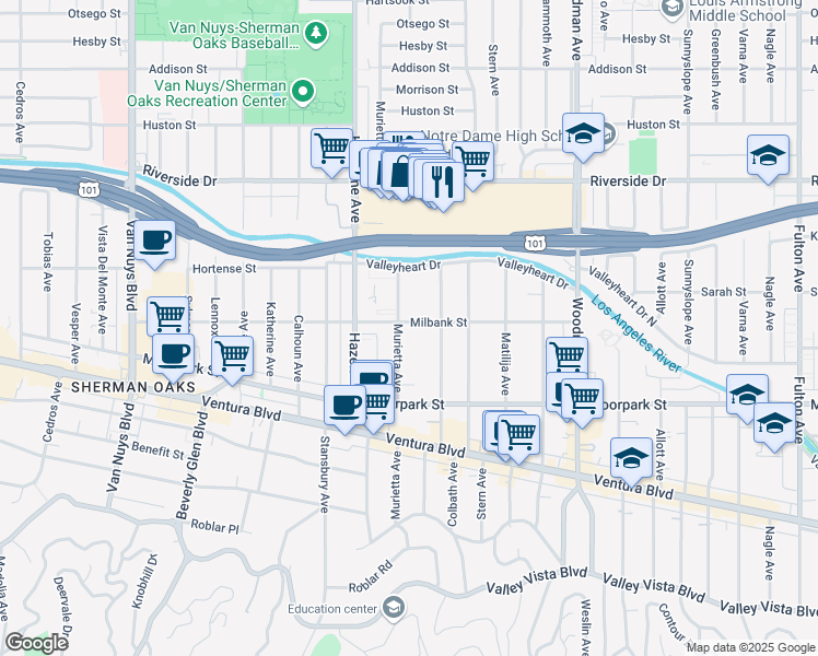 map of restaurants, bars, coffee shops, grocery stores, and more near 14014 Milbank Street in Los Angeles