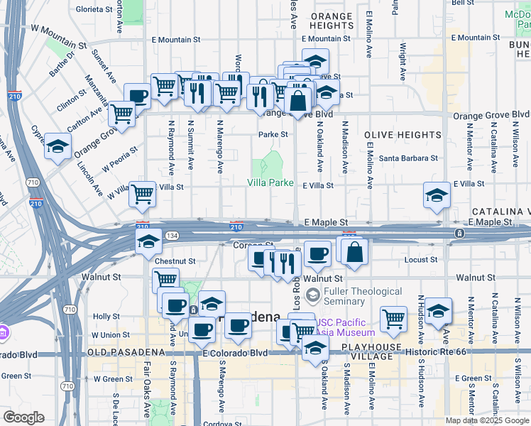 map of restaurants, bars, coffee shops, grocery stores, and more near 442 North Euclid Avenue in Pasadena