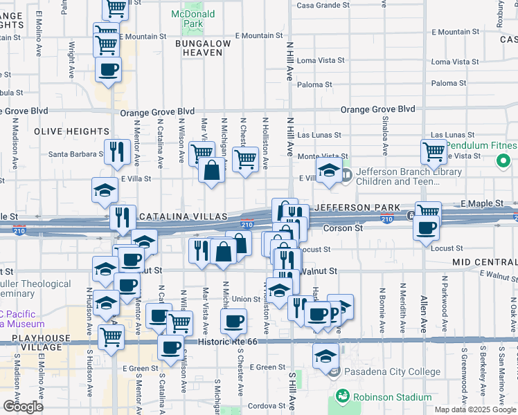 map of restaurants, bars, coffee shops, grocery stores, and more near 395 North Holliston Avenue in Pasadena