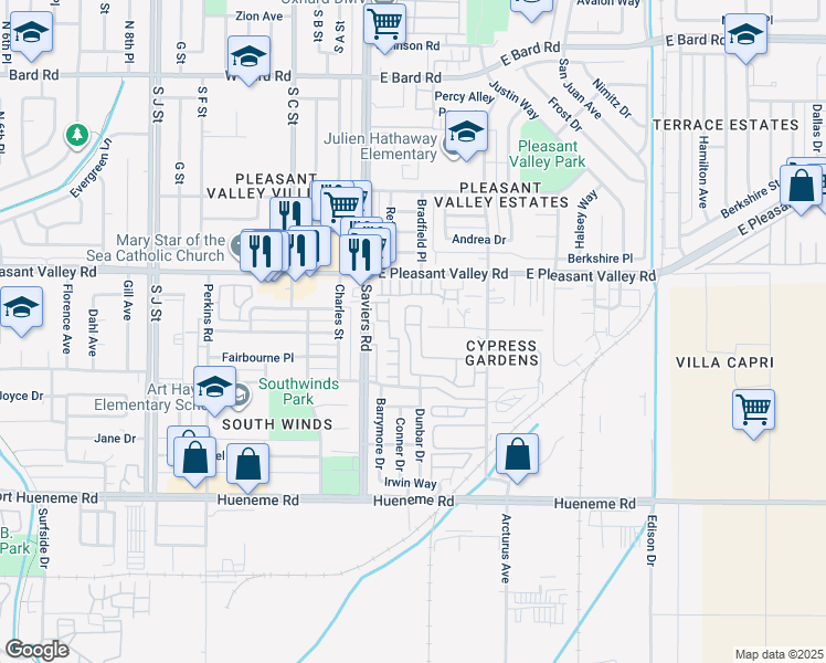 map of restaurants, bars, coffee shops, grocery stores, and more near 244 Cummings Way in Oxnard