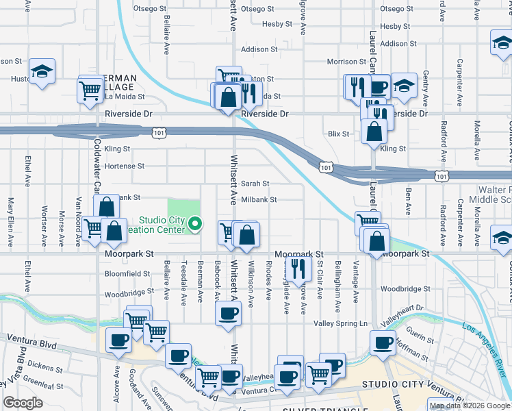 map of restaurants, bars, coffee shops, grocery stores, and more near 12420 Milbank Street in Los Angeles