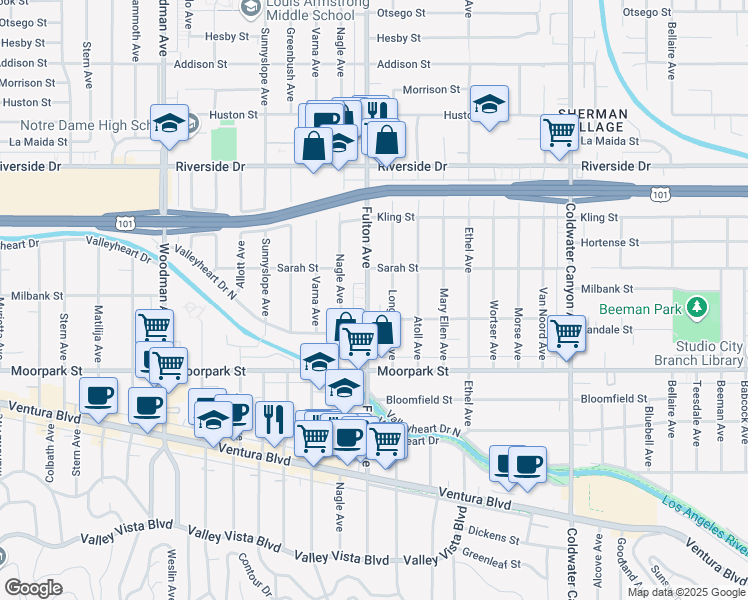 map of restaurants, bars, coffee shops, grocery stores, and more near 4520 Fulton Avenue in Los Angeles