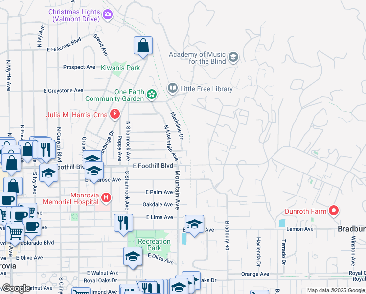 map of restaurants, bars, coffee shops, grocery stores, and more near 138 Madeline Drive in Monrovia