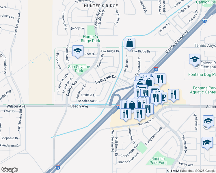 map of restaurants, bars, coffee shops, grocery stores, and more near 14882 Filly Lane in Fontana