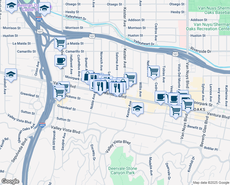 map of restaurants, bars, coffee shops, grocery stores, and more near 14958 Moorpark Street in Los Angeles