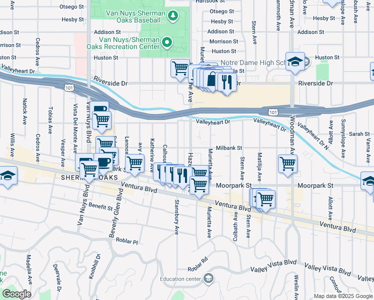 map of restaurants, bars, coffee shops, grocery stores, and more near 4485 Hazeltine Avenue in Los Angeles
