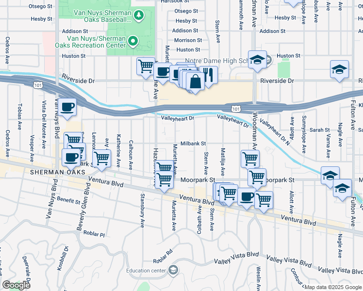 map of restaurants, bars, coffee shops, grocery stores, and more near 14014 Milbank Street in Los Angeles
