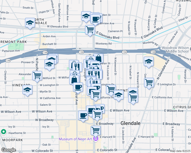 map of restaurants, bars, coffee shops, grocery stores, and more near 450 North Brand Boulevard in Glendale