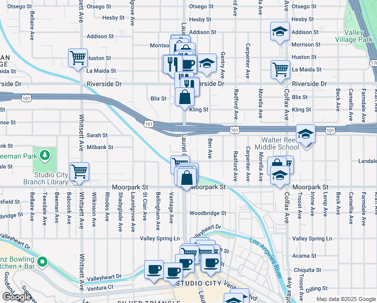 map of restaurants, bars, coffee shops, grocery stores, and more near 4524 Laurel Canyon Boulevard in Los Angeles