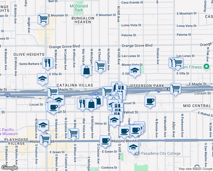 map of restaurants, bars, coffee shops, grocery stores, and more near 395 North Holliston Avenue in Pasadena