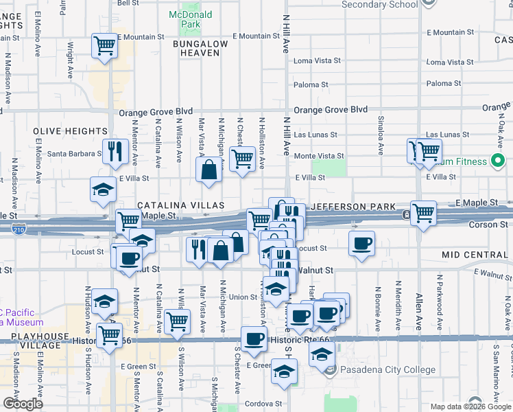map of restaurants, bars, coffee shops, grocery stores, and more near 395 North Holliston Avenue in Pasadena
