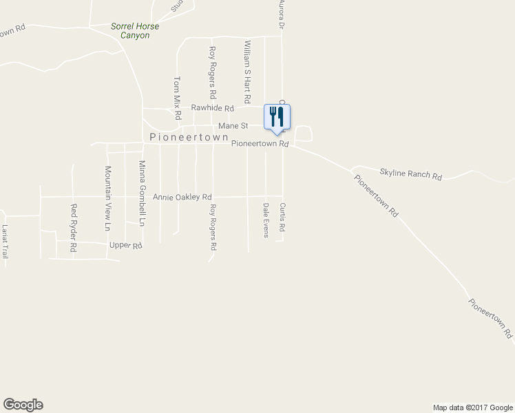 map of restaurants, bars, coffee shops, grocery stores, and more near 53655 Annie Oakley Road in Pioneertown