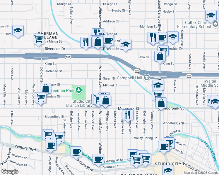 map of restaurants, bars, coffee shops, grocery stores, and more near 12420 Milbank Street in Los Angeles