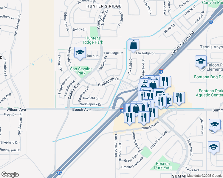 map of restaurants, bars, coffee shops, grocery stores, and more near 14882 Filly Lane in Fontana