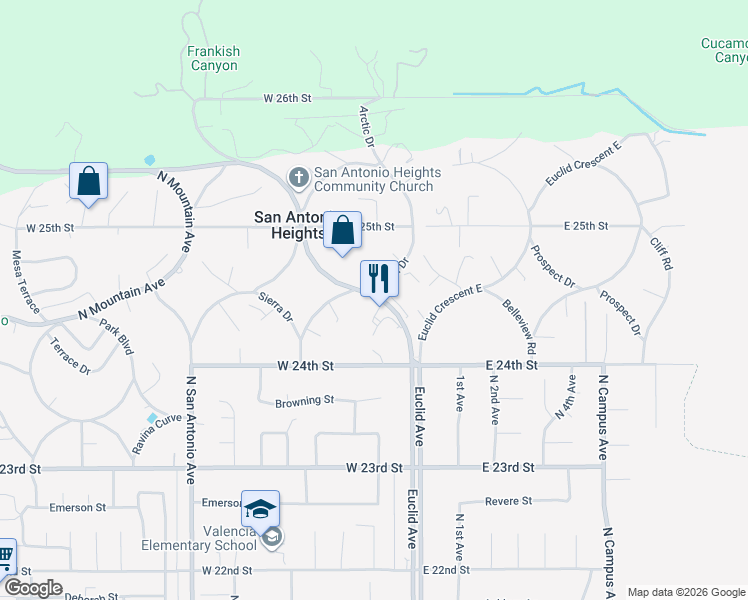 map of restaurants, bars, coffee shops, grocery stores, and more near 2468 Vista Drive in Upland