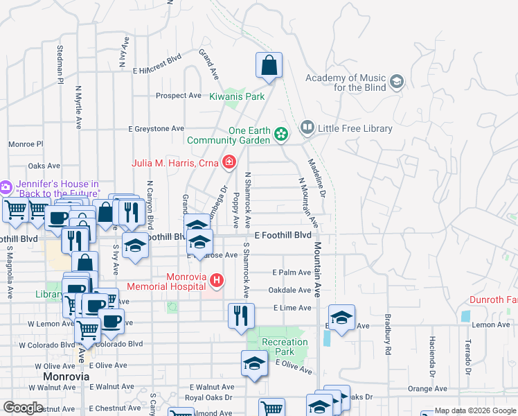 map of restaurants, bars, coffee shops, grocery stores, and more near 718 Valley View Avenue in Monrovia