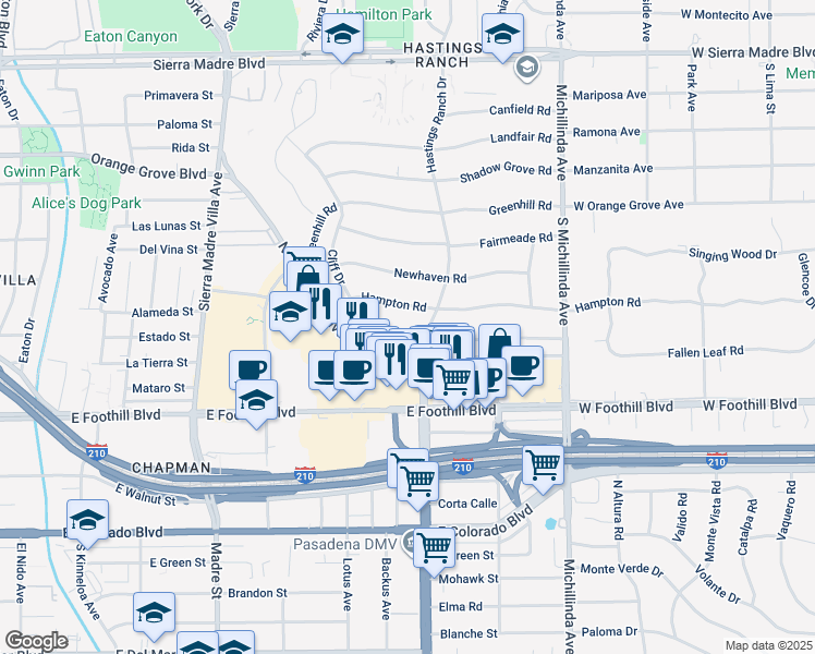 map of restaurants, bars, coffee shops, grocery stores, and more near 3680 Hampton Road in Pasadena