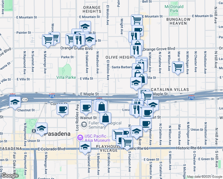 map of restaurants, bars, coffee shops, grocery stores, and more near 440 North El Molino Avenue in Pasadena