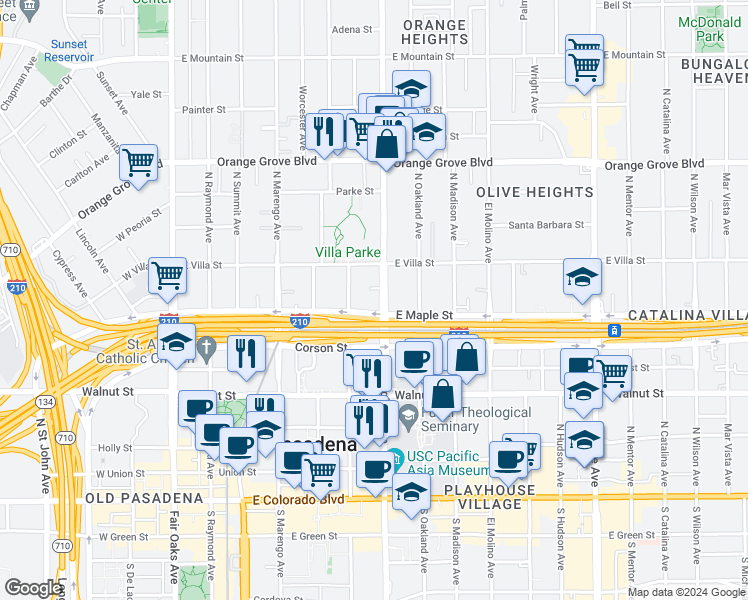 map of restaurants, bars, coffee shops, grocery stores, and more near 431 North Los Robles Avenue in Pasadena
