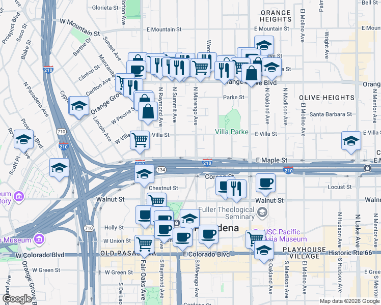 map of restaurants, bars, coffee shops, grocery stores, and more near 440 North Marengo Avenue in Pasadena